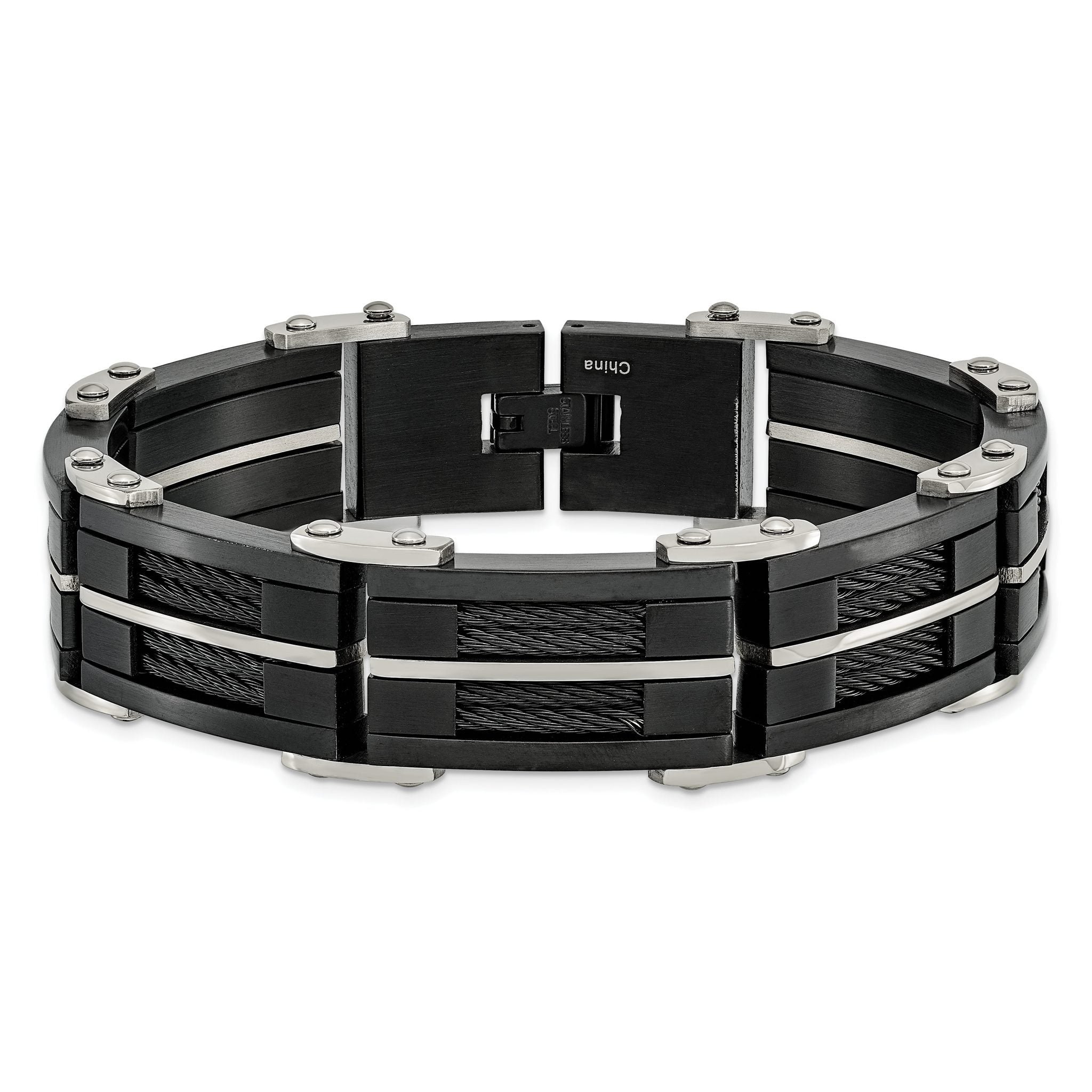 Stainless Steel Brushed and Polished Black IP-plated with Cable Inlay Link Bracelet for Men