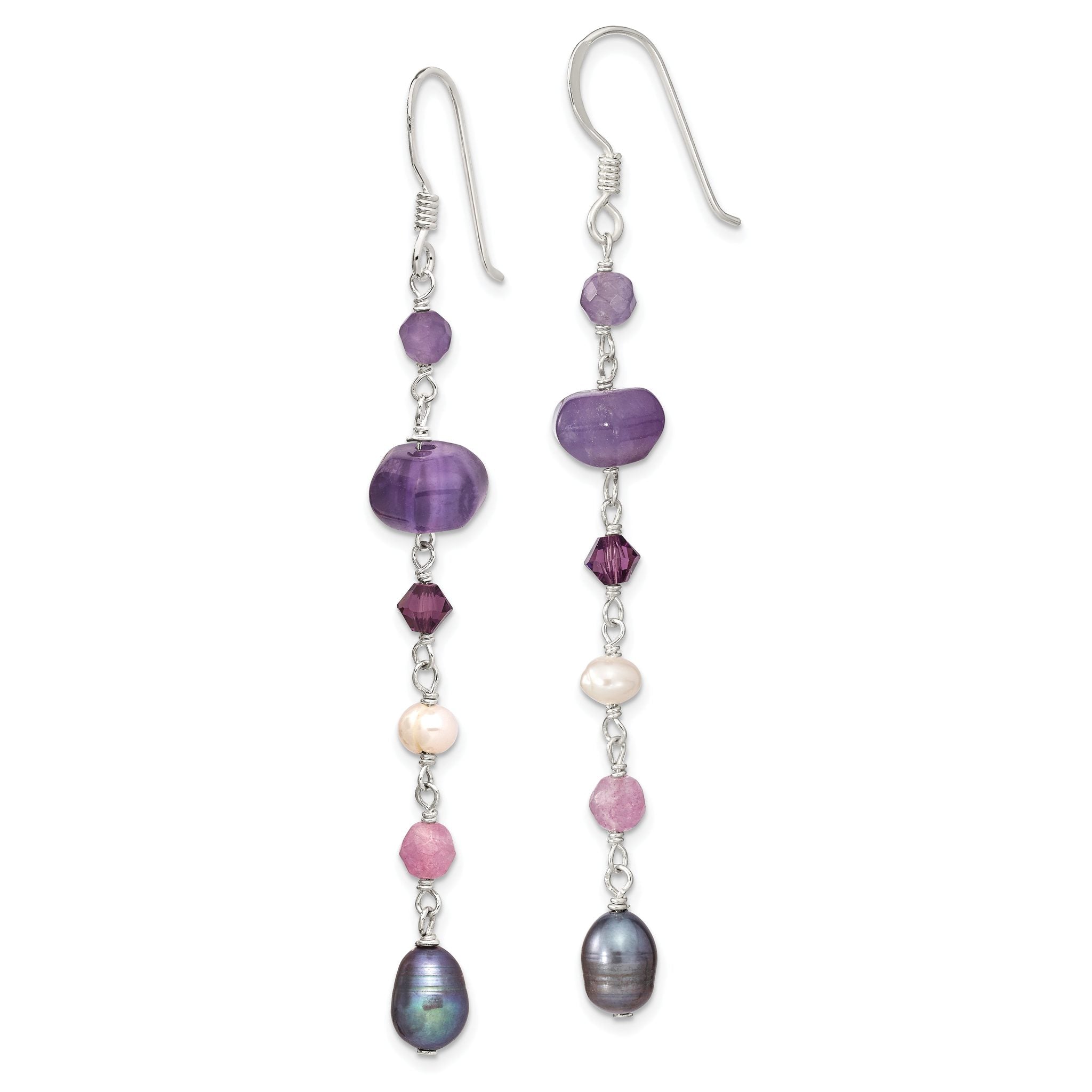Sterling Silver Polished Amethyst, Lavendar Jade, White & Black Freshwater Cultured Pearl Dangle Earrings Secondary image