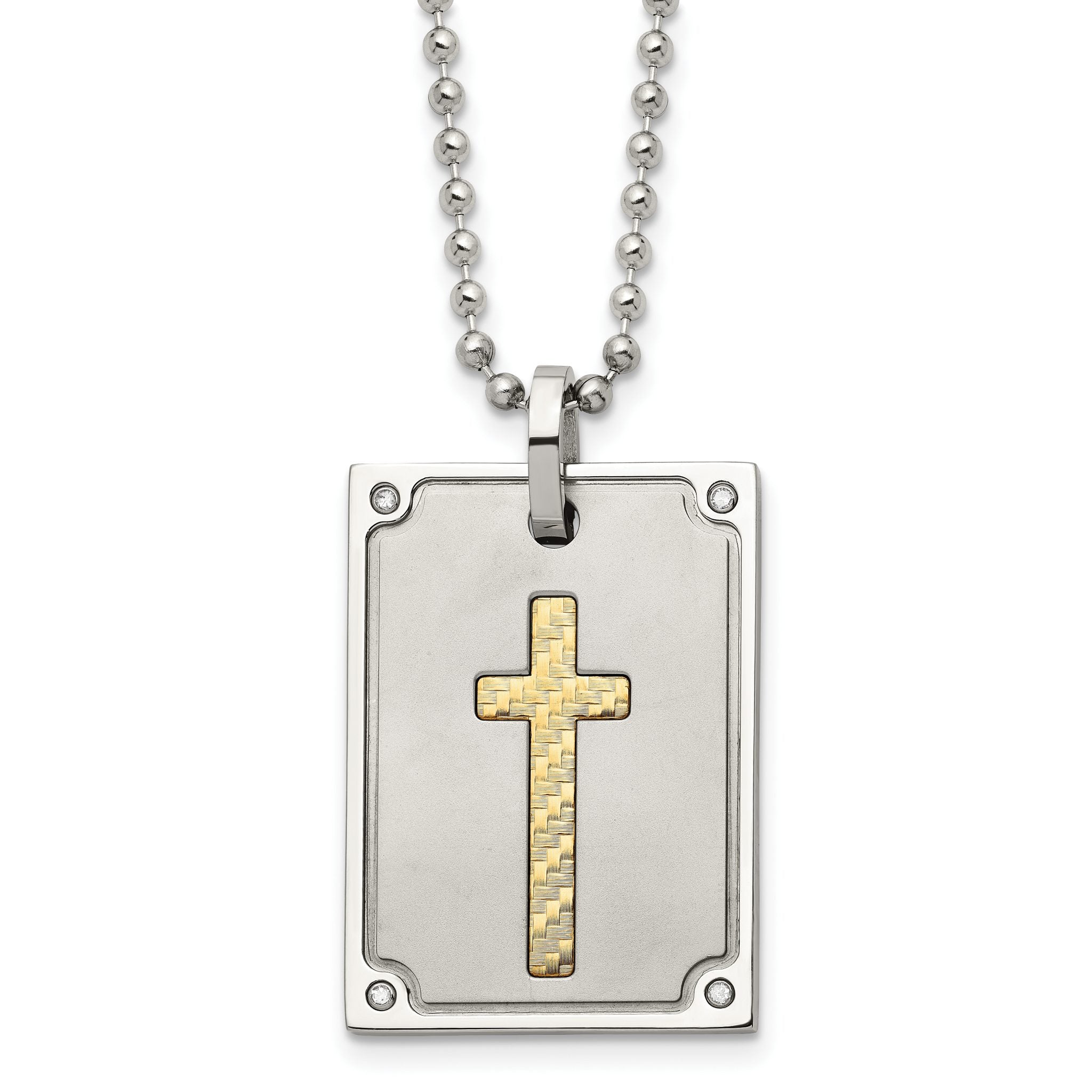Stainless Steel w/18k Brushed and Polished 1/20ct Dia Cross Necklace Main image