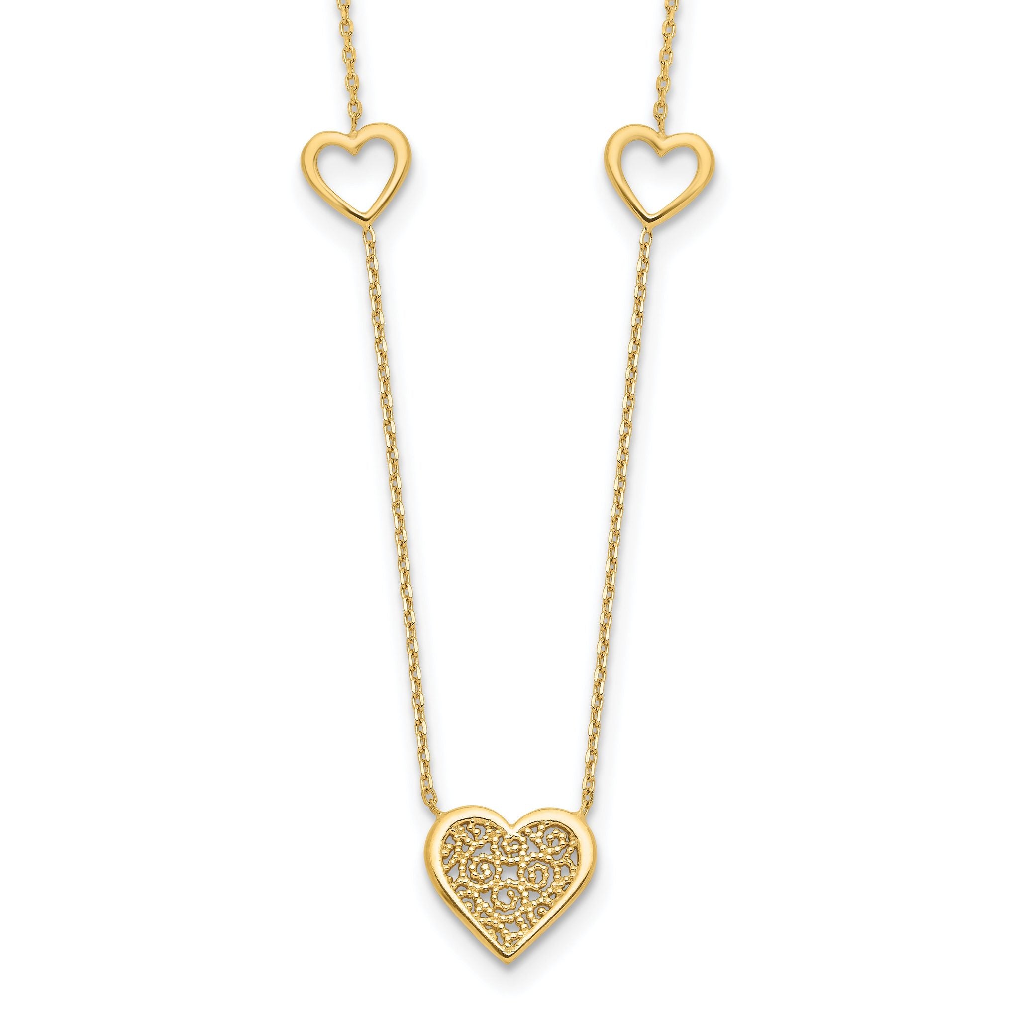 14K Polished and Filigree Heart Stations with 1in. ext. Necklace Main image