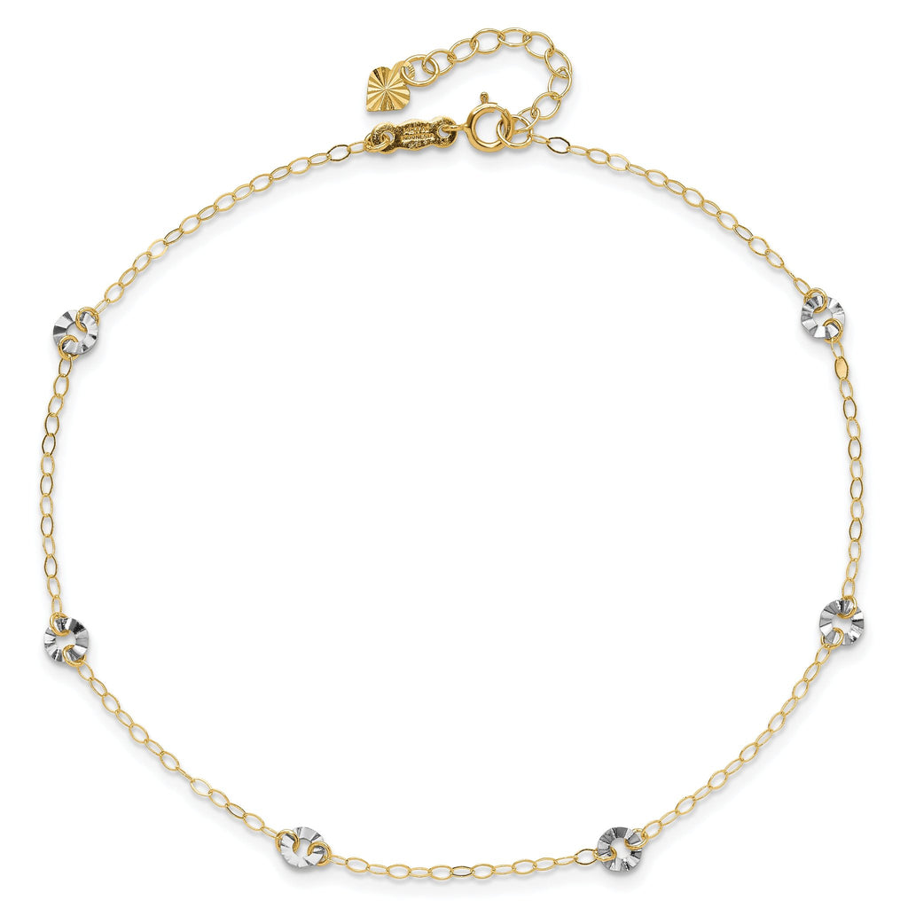 14K Two-tone Chain and Wavy Circles 6-Station 9 inch Plus 1 inch Extender - Total 10 inch Anklet