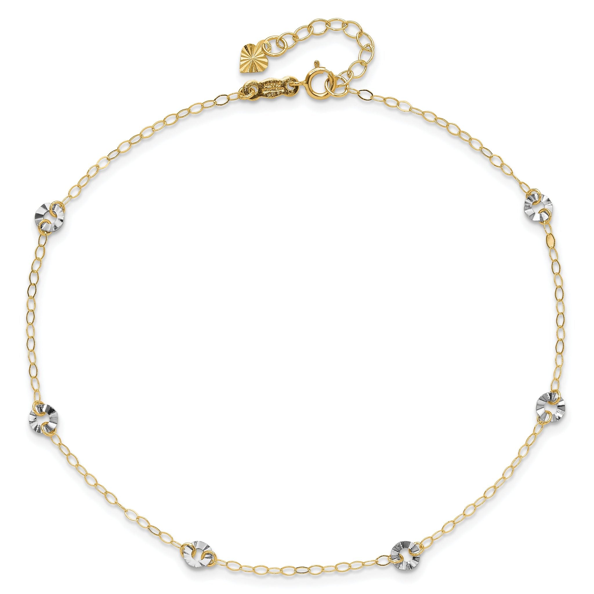 14K Two-tone Chain and Wavy Circles 6-Station 9 inch Plus 1 inch Extender - Total 10 inch Anklet