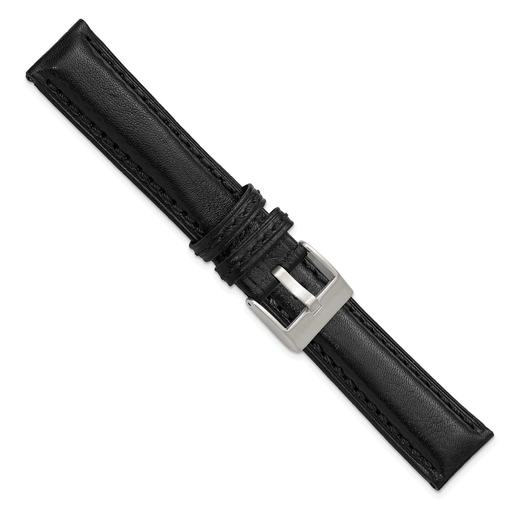 Black Leather Watch Band with Stainless Steel Buckle, 24mm