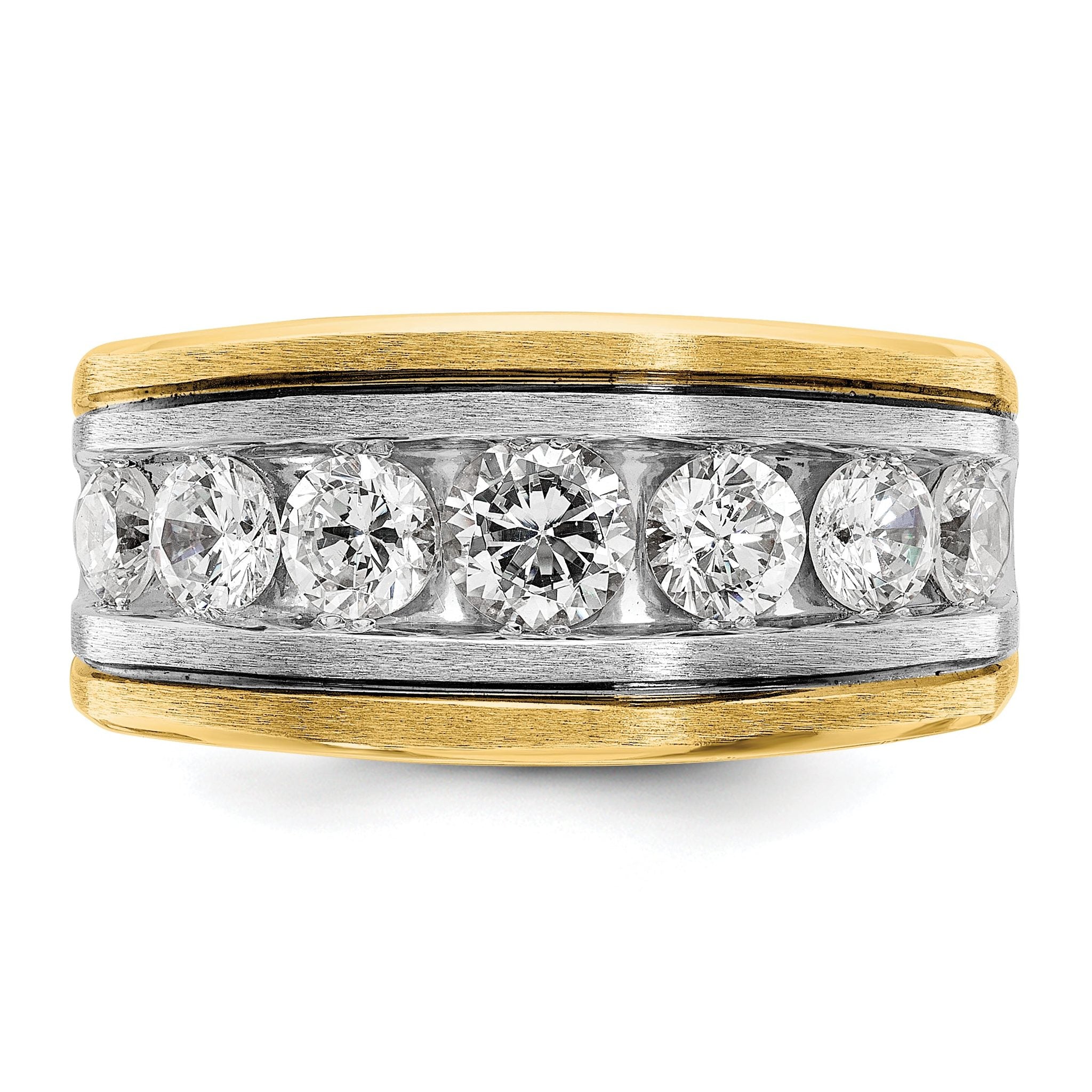 14k Two-tone Men's Polished Satin and Grooved 7-Stone Ring Mounting, Mounting Only