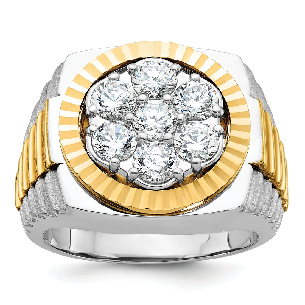 14k Two-tone Men's Polished Satin and Diamond-cut Round 2 Carat AA Quality Diamond Cluster Ring