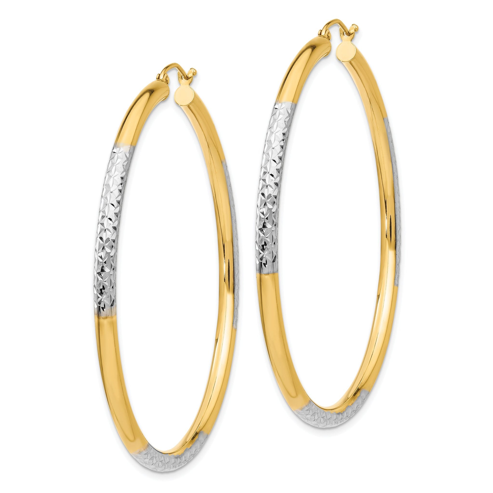14K and Rhodium Diamond-cut 3x55mm Hoop Earrings Secondary image
