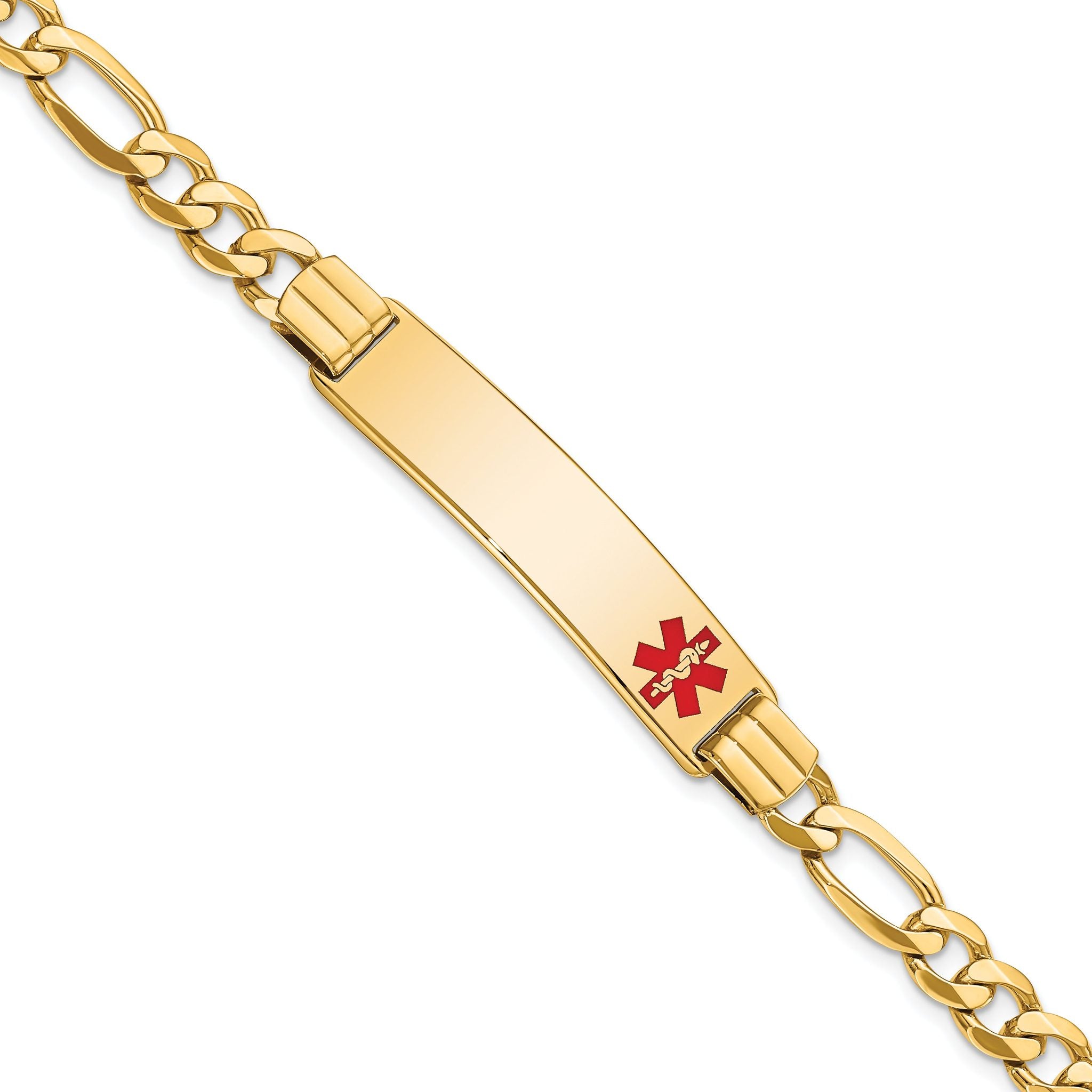 14K Medical Solid Chain/Solid Plate 40x10mm Off-Center Red Enamel Flat Figaro Link 8 inch ID Bracelet