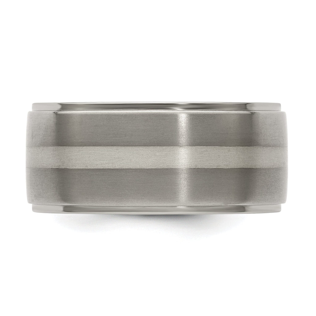 Titanium Silver Inlay Wedding Band with Polished Brushed Finish