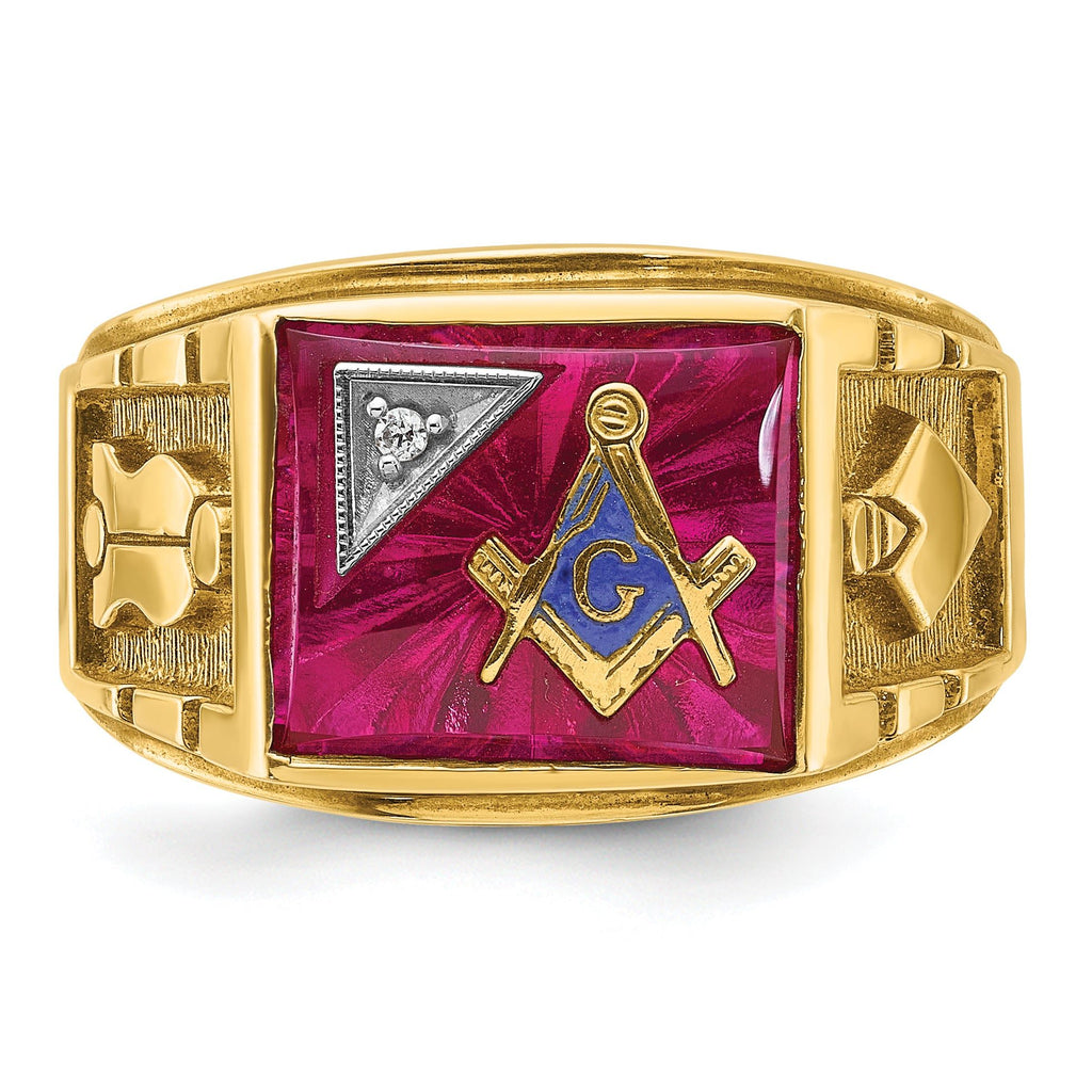 14k Two-tone Men's Polished and Textured with Lab Created Ruby and Diamond Blue Lodge Master Masonic