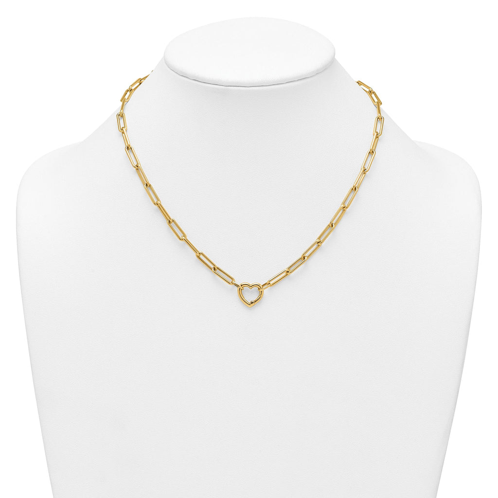 14k Polished Heart Clasp 17.5 inch Paperclip Chain Necklace