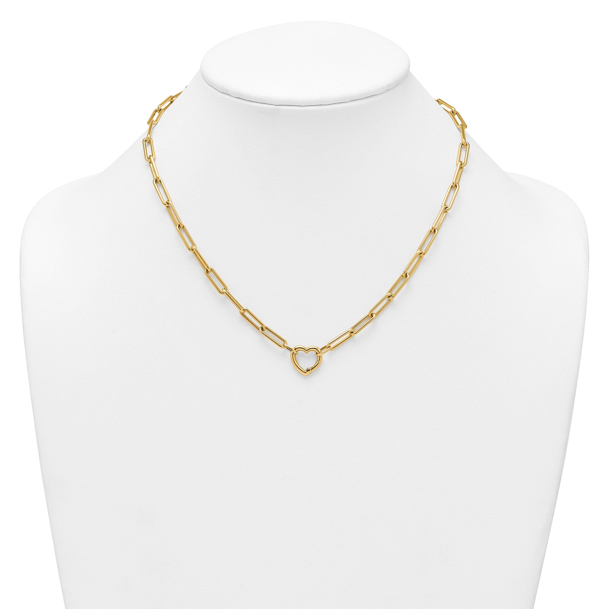 14k Polished Heart Clasp 17.5 inch Paperclip Chain Necklace
