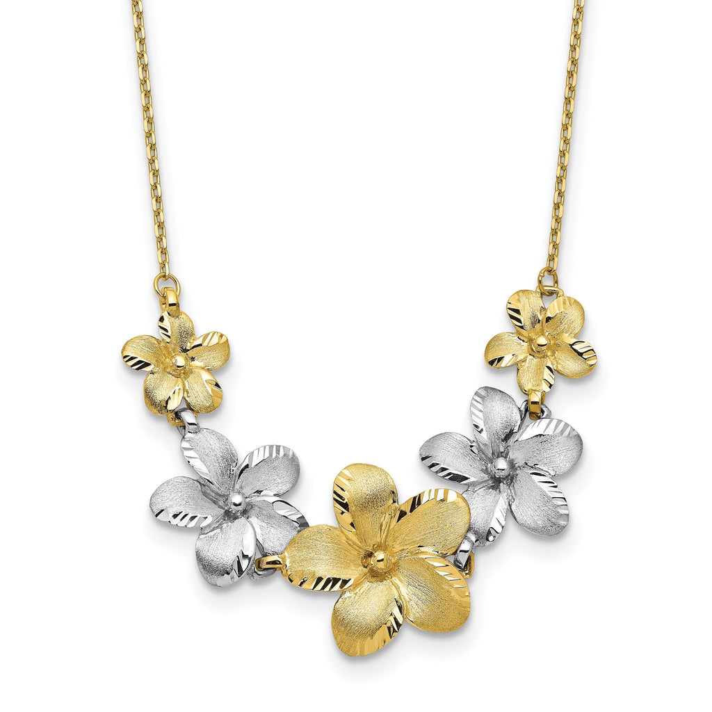 10K Two-tone Polished and Brushed Diamond Cut Flower Necklace