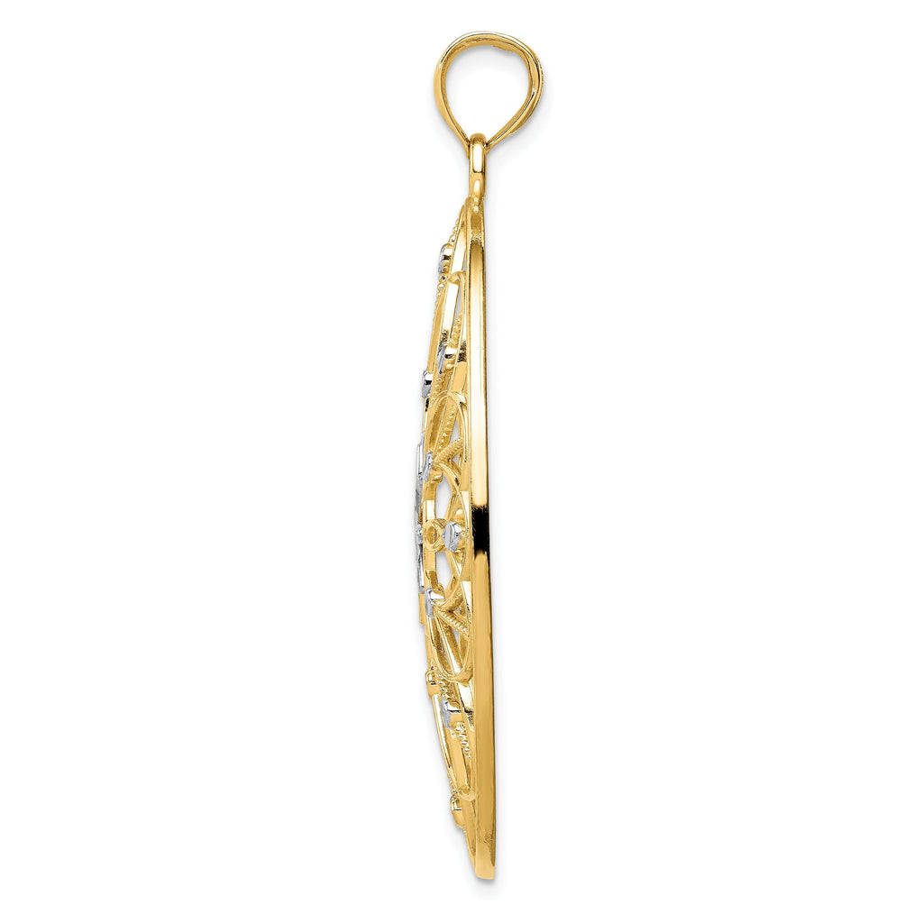 14K Gold Floral Medallion Pendant with Rhodium Accents, Polished Finish