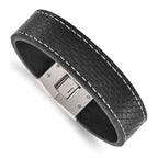 Stainless Steel Polished Black Leather Bracelet for Men
