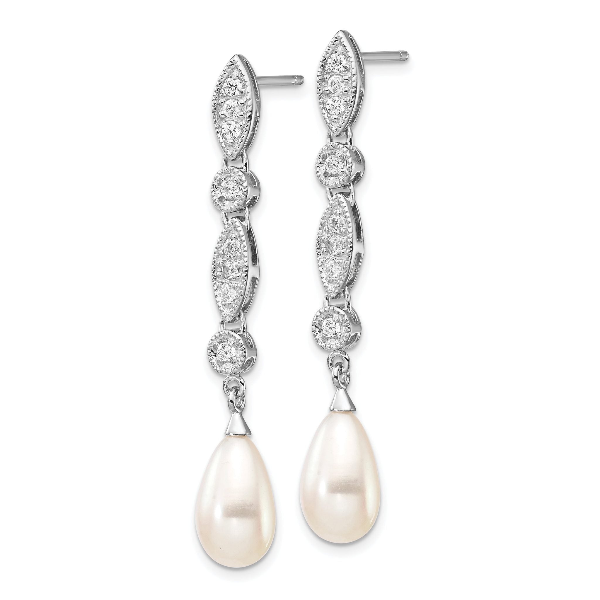 Cheryl M Sterling Silver Rhodium-plated Teardrop Freshwater Cultured Pearl and Brilliant-cut CZ Post Dangle Earrings Secondary image