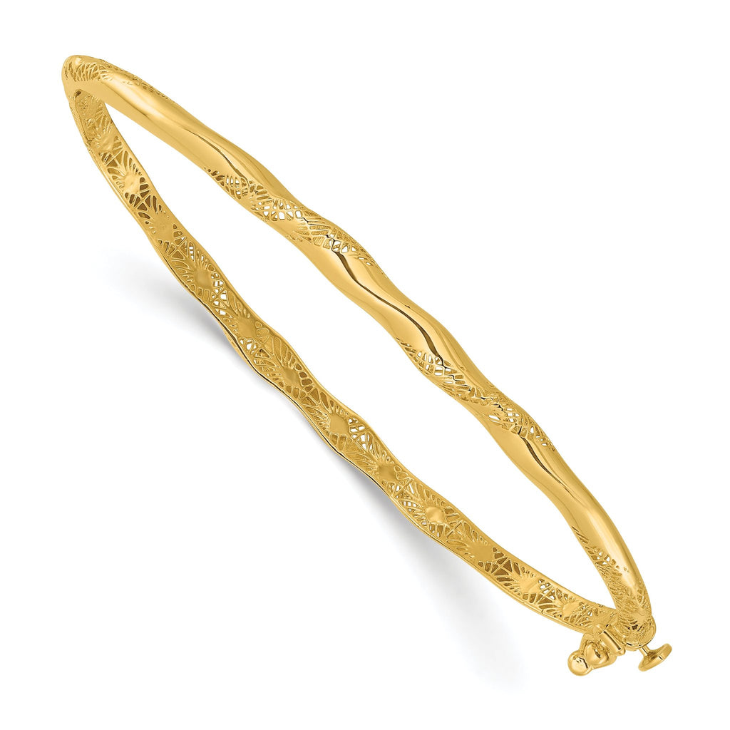 14K Polished and Textured Twisted Hinged Bangle