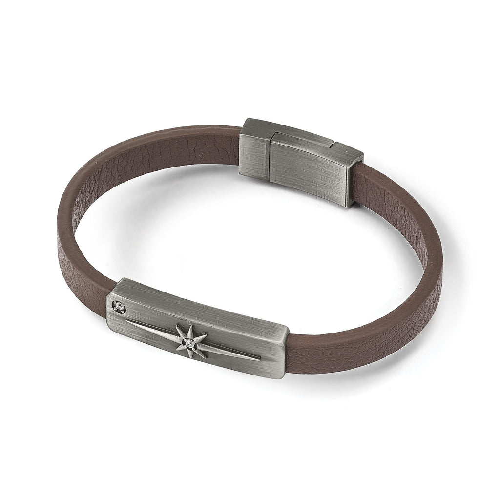 Stainless Steel Antiqued Bronze-plated with Cubic Zirconia Starburst Brown Leather Bracelet for Men