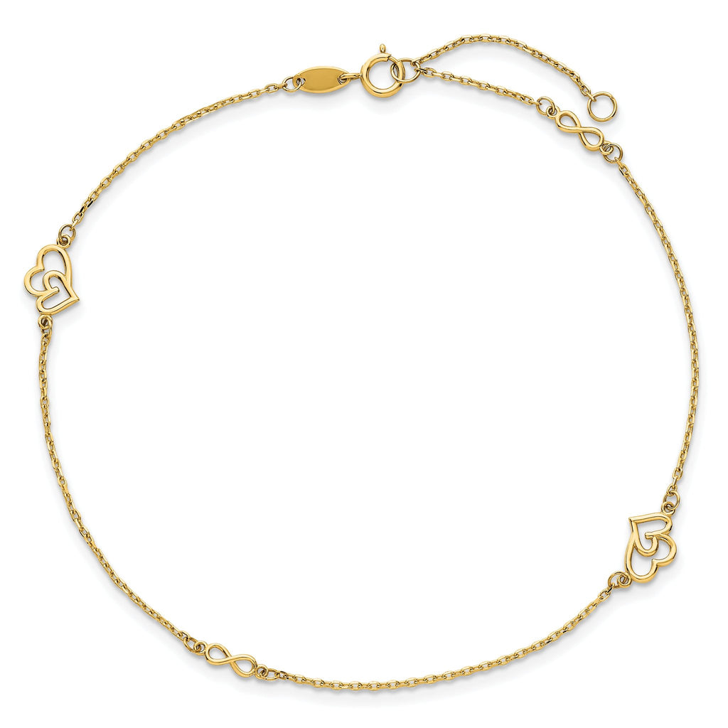 14k Polished Double Hearts and Infinity 9 inch Plus 1 inch Extender - Total 10 inch Anklet