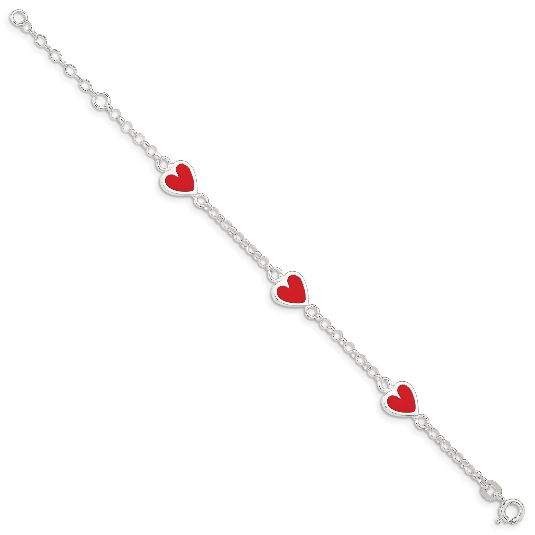 Sterling Silver Polished & Red Enamel Heart With  1in ext Children's Bracelet Secondary image