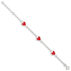 Sterling Silver Polished & Red Enamel Heart With  1in ext Children's Bracelet