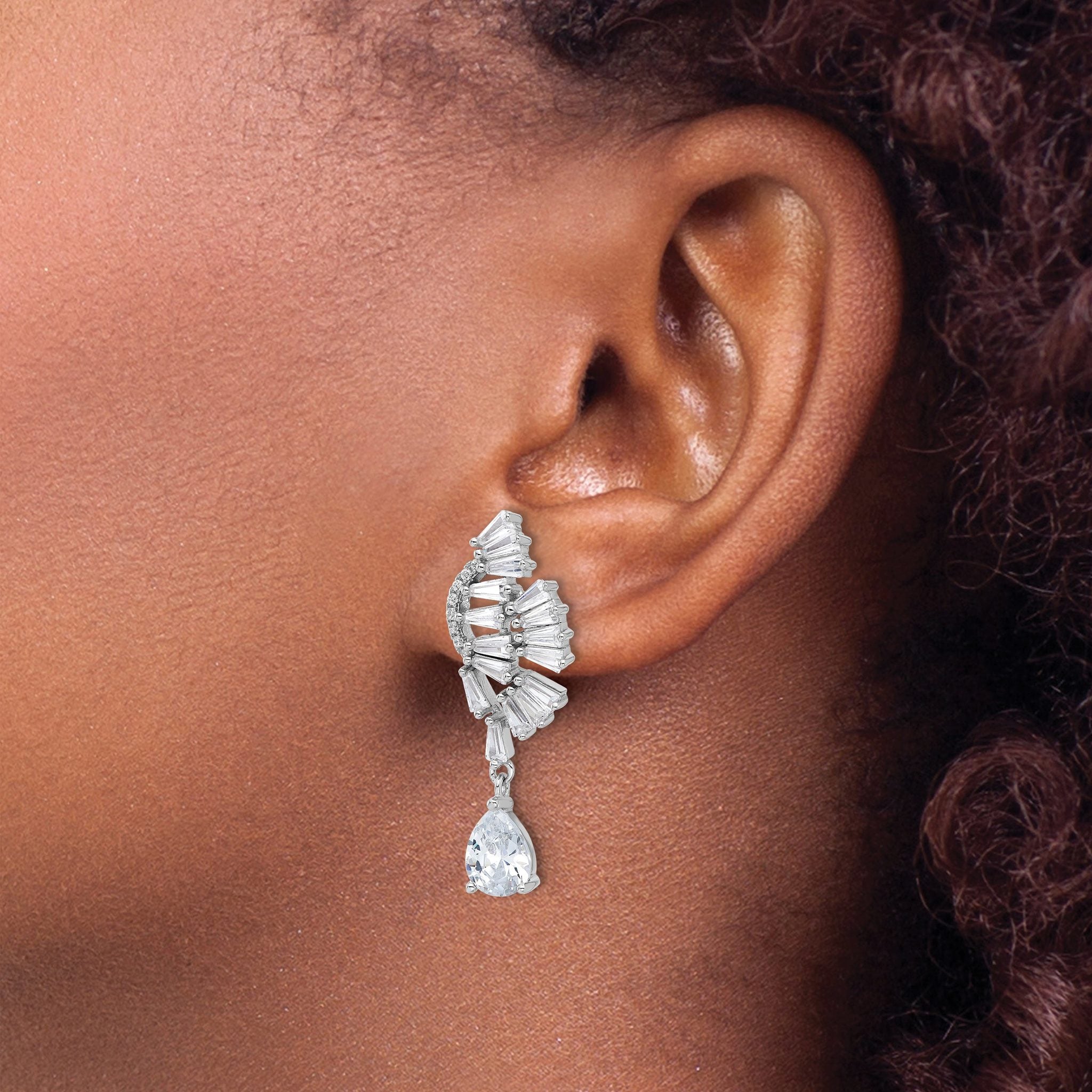 Cheryl M Sterling Silver Rhodium-plated Fancy Brilliant-cut & Tapered Baguette-cut CZ Post Dangle Earrings