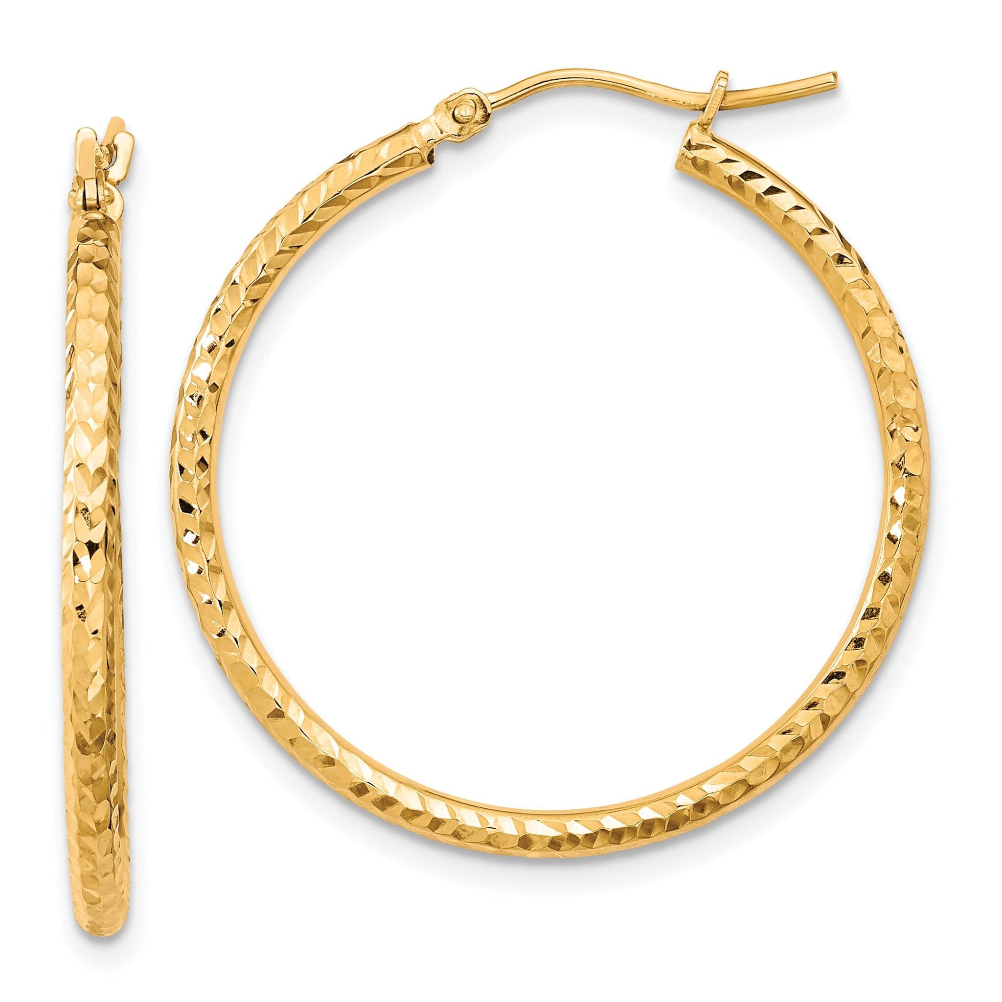 10K Gold Diamond-Cut Hoop Earrings with Polished Finish 2mm Oval