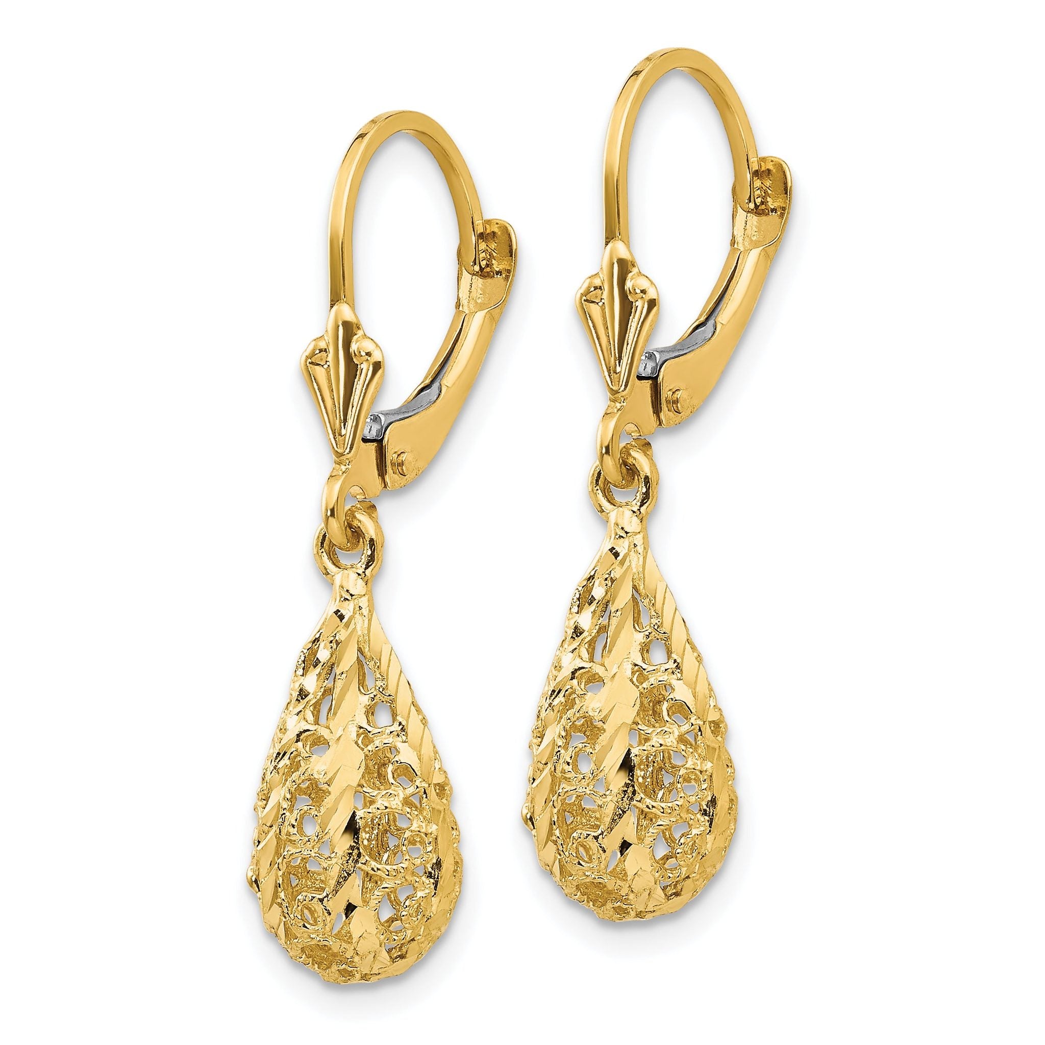 14k Polished Diamond-Cut Filigree Dangle Leverback Earrings Secondary image
