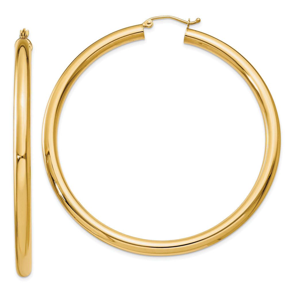 10K Gold Polished 4mm Hoop Earrings for Women 50mm Elegant Design