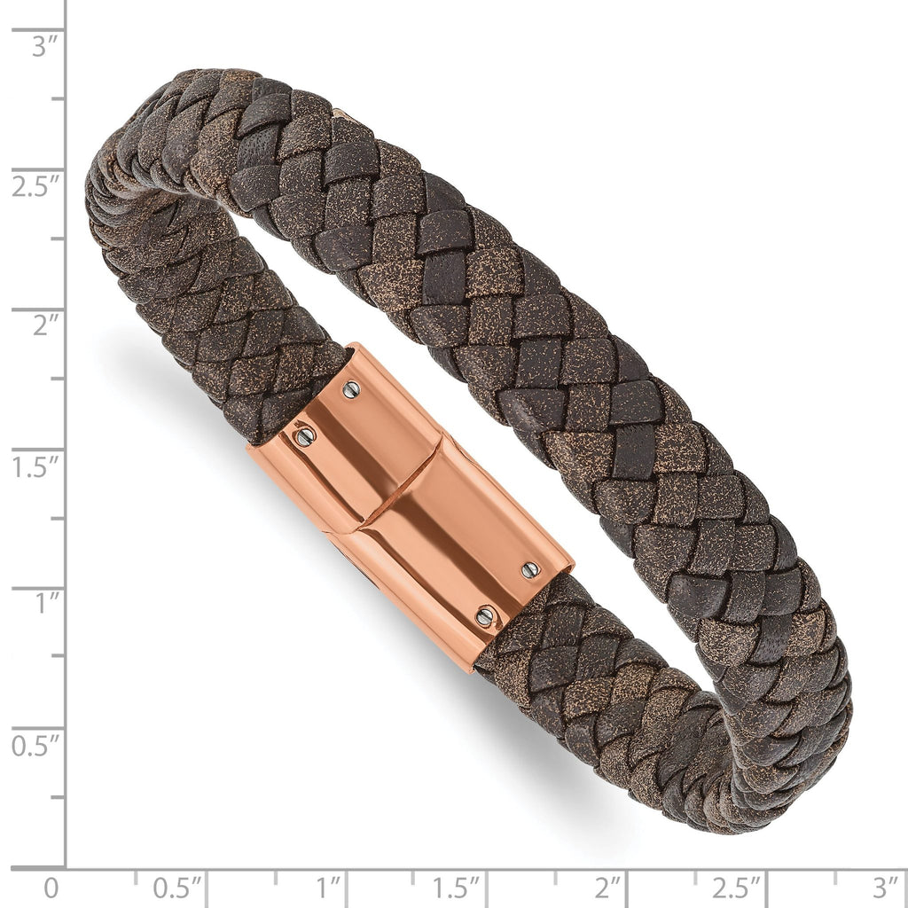 Stainless Steel Polished Rose IP-plated Brown Braided Leather Bracelet for Men