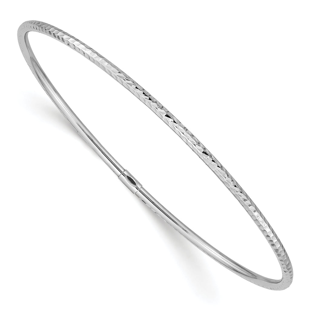 14K White Gold Diamond-Cut Bangle with Polished Slip-On Elegance