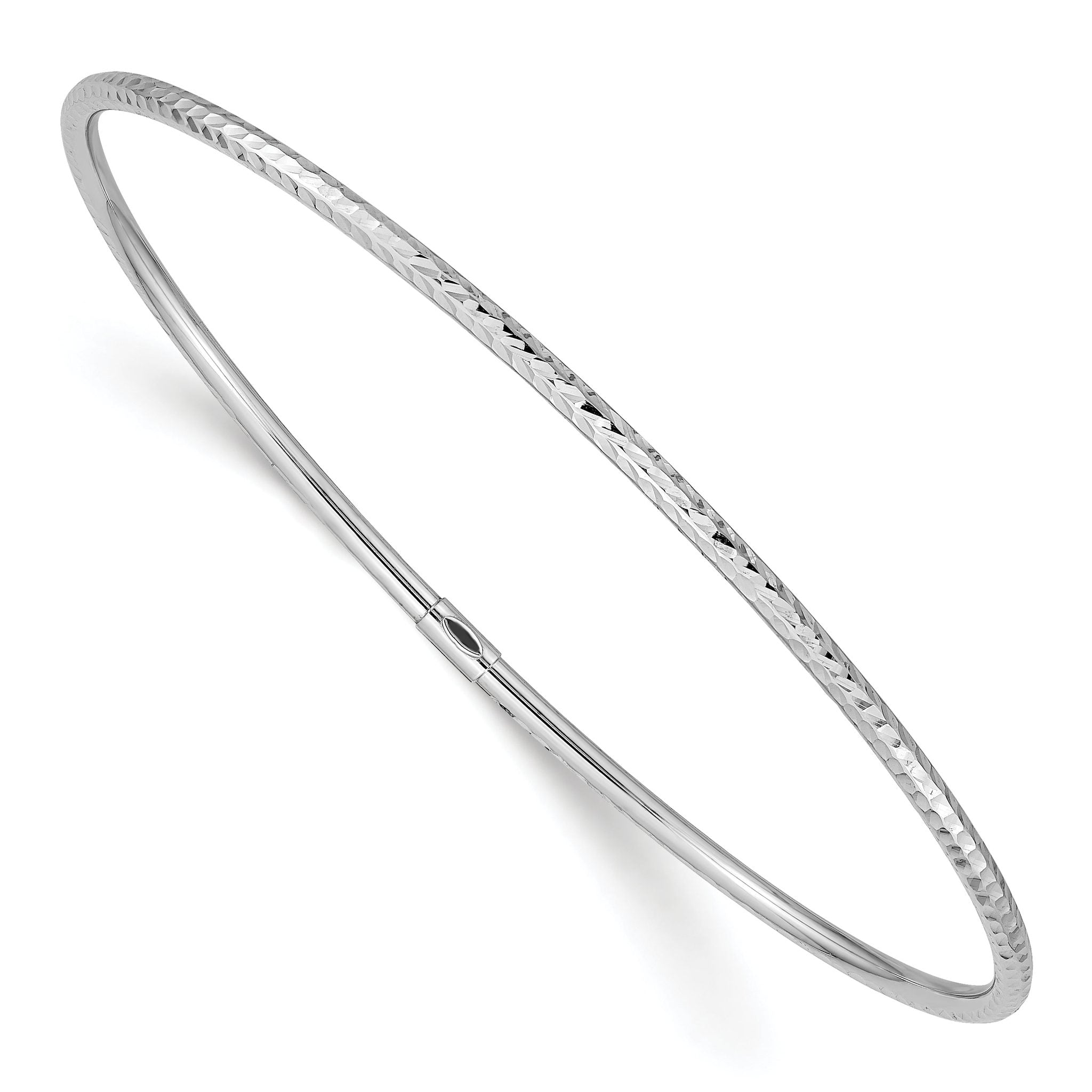 14K White Gold Diamond-Cut Bangle with Polished Slip-On Elegance