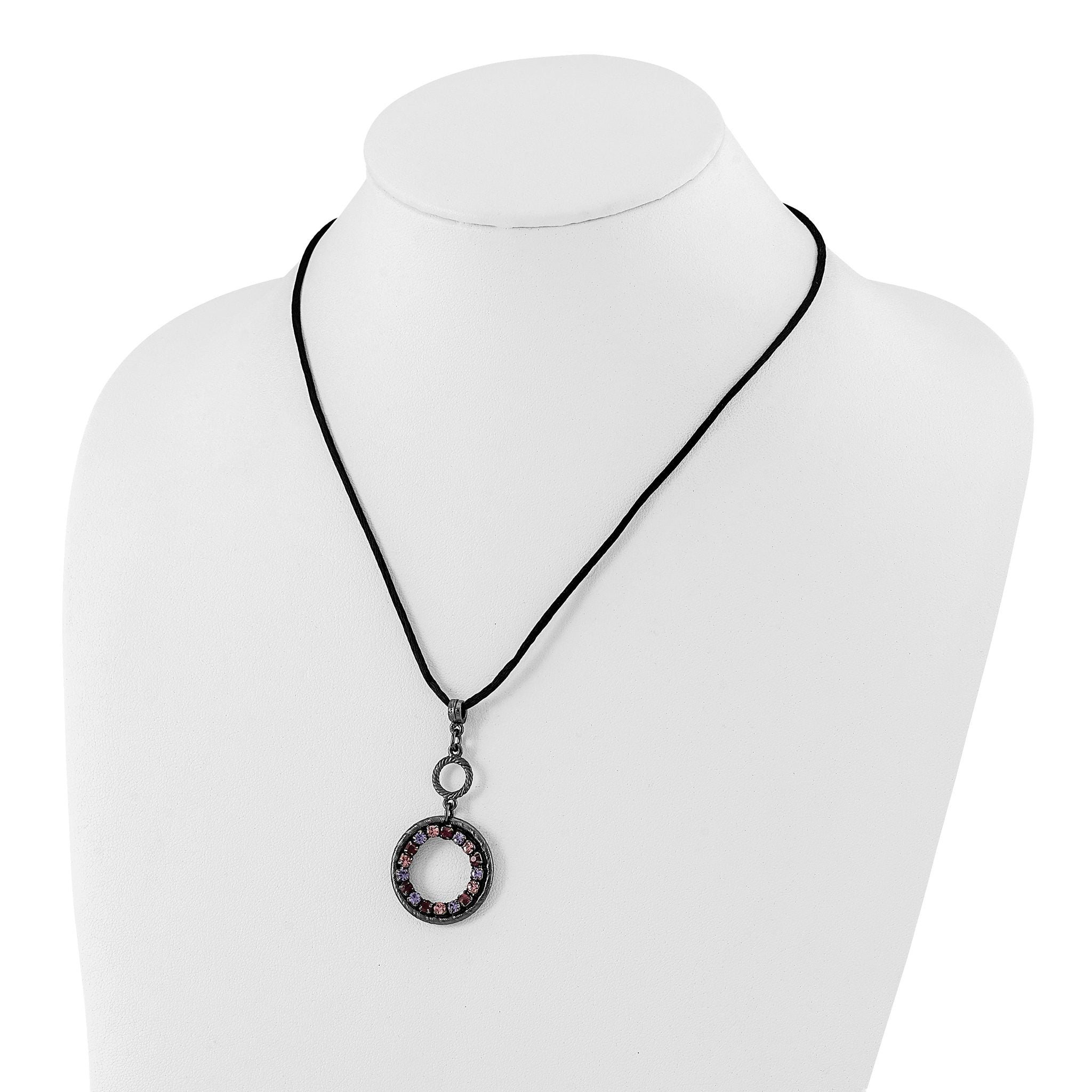 Pink & Purple Crystal Double Circle Necklace in Black-Plated Metal