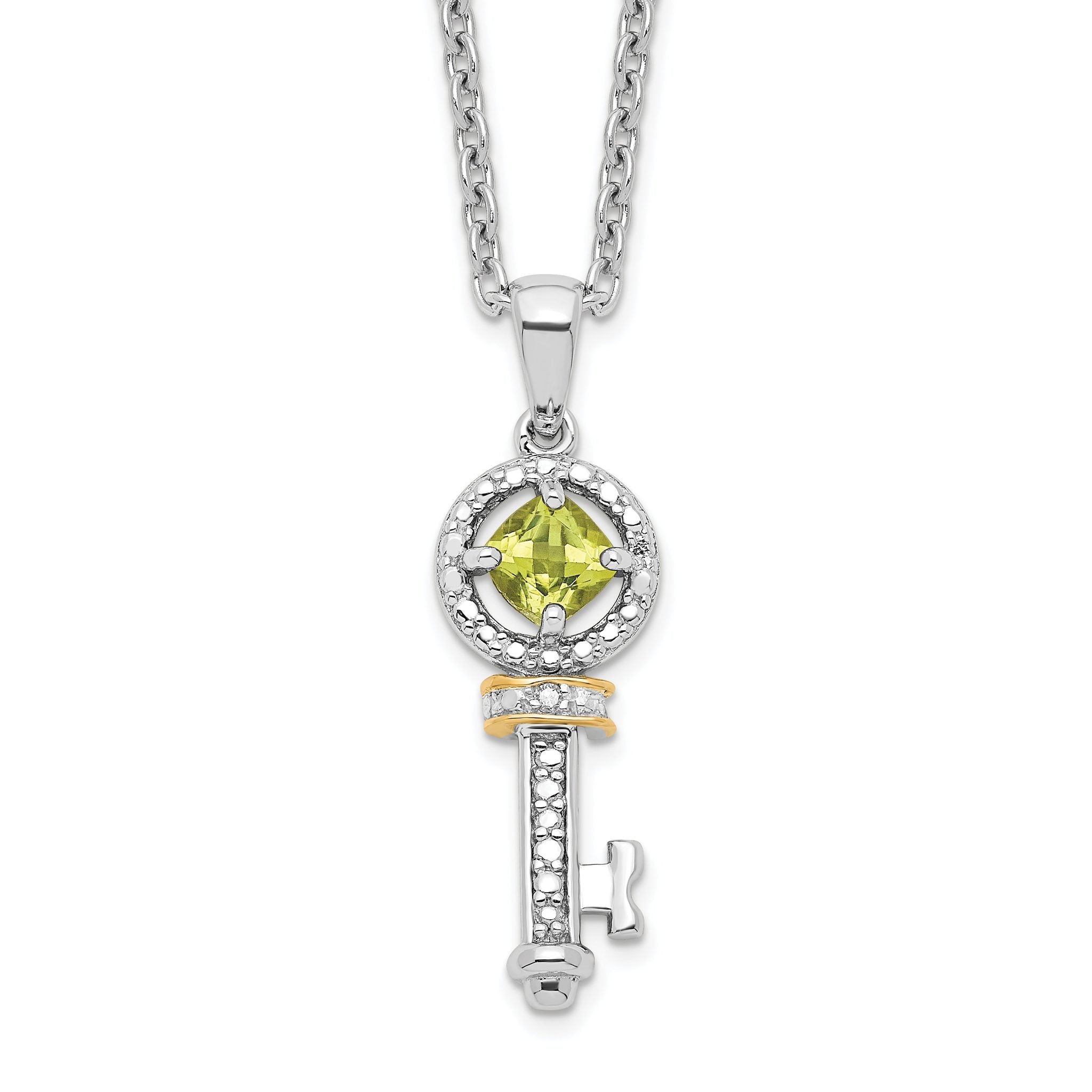 Brilliant Gemstones Sterling Silver with 14K Accent Rhodium-plated Peridot and Diamond Key 18 Inch Necklace with 2 Inch Extender Main image