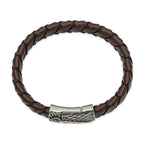 Stainless Steel Antiqued and Polished Sword Black and Brown Braided Leather Bracelet for Men
