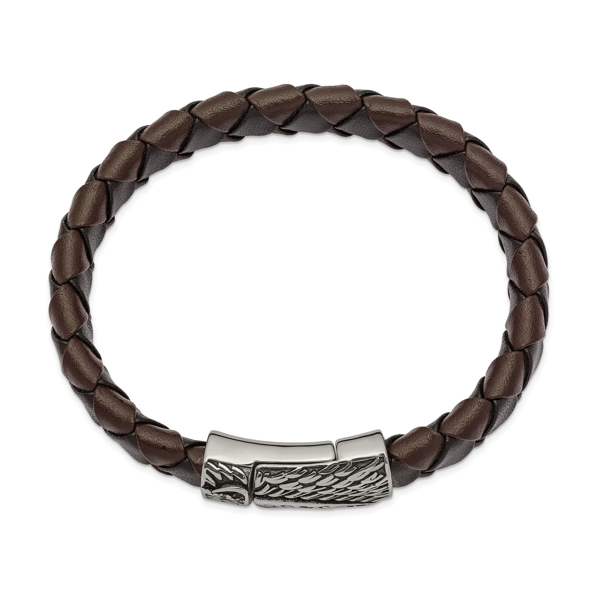 Stainless Steel Antiqued and Polished Sword Black and Brown Braided Leather Bracelet for Men