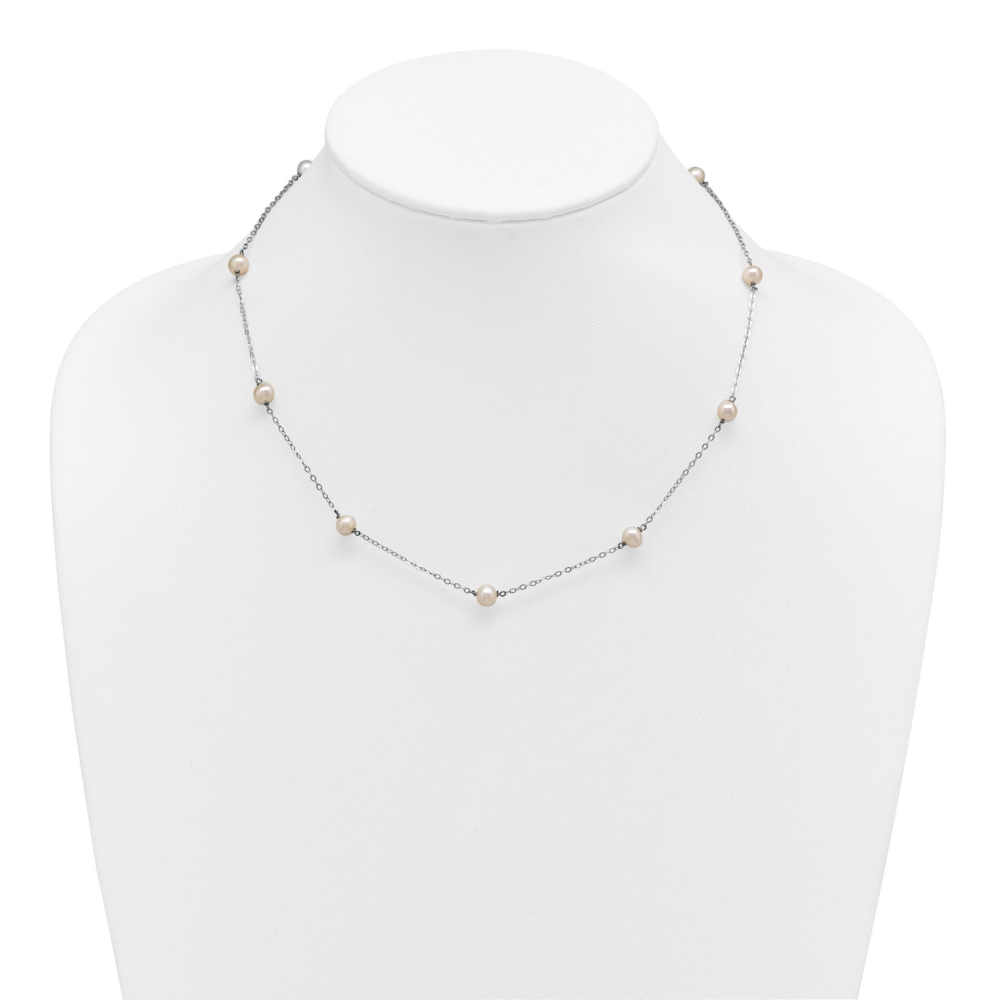 Sterling Silver Rhodium-plated 5-6mm White Near-Round Freshwater Cultured Pearl 8-Station 16 inch Necklace