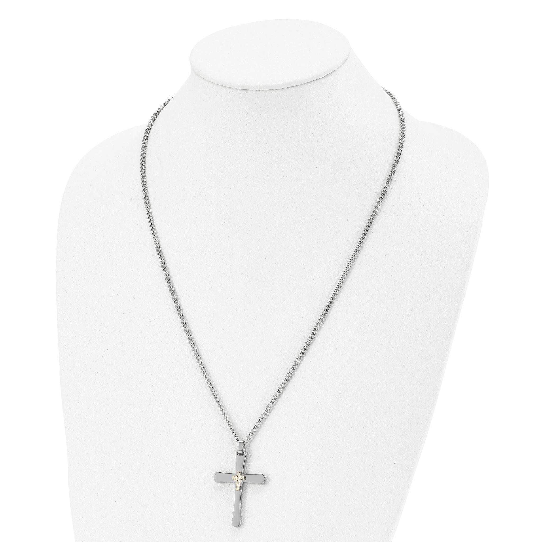 Chisel Stainless Steel Polished with 14k Gold Accent Diamond-cut Cross Pendant on a 24 inch Curb Chain Necklace Secondary image