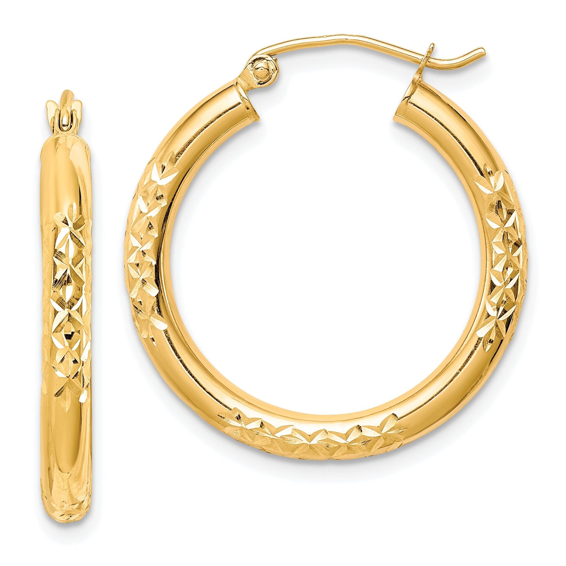 10K Diamond Cut 3x25mm Hollow Tube Hoop Earrings Main image