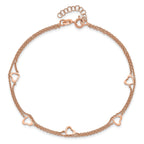 Sterling Silver Rose-tone Heart 2-Strand 9 inch Plus 1 inch Extender - Total 10 inch Anklet