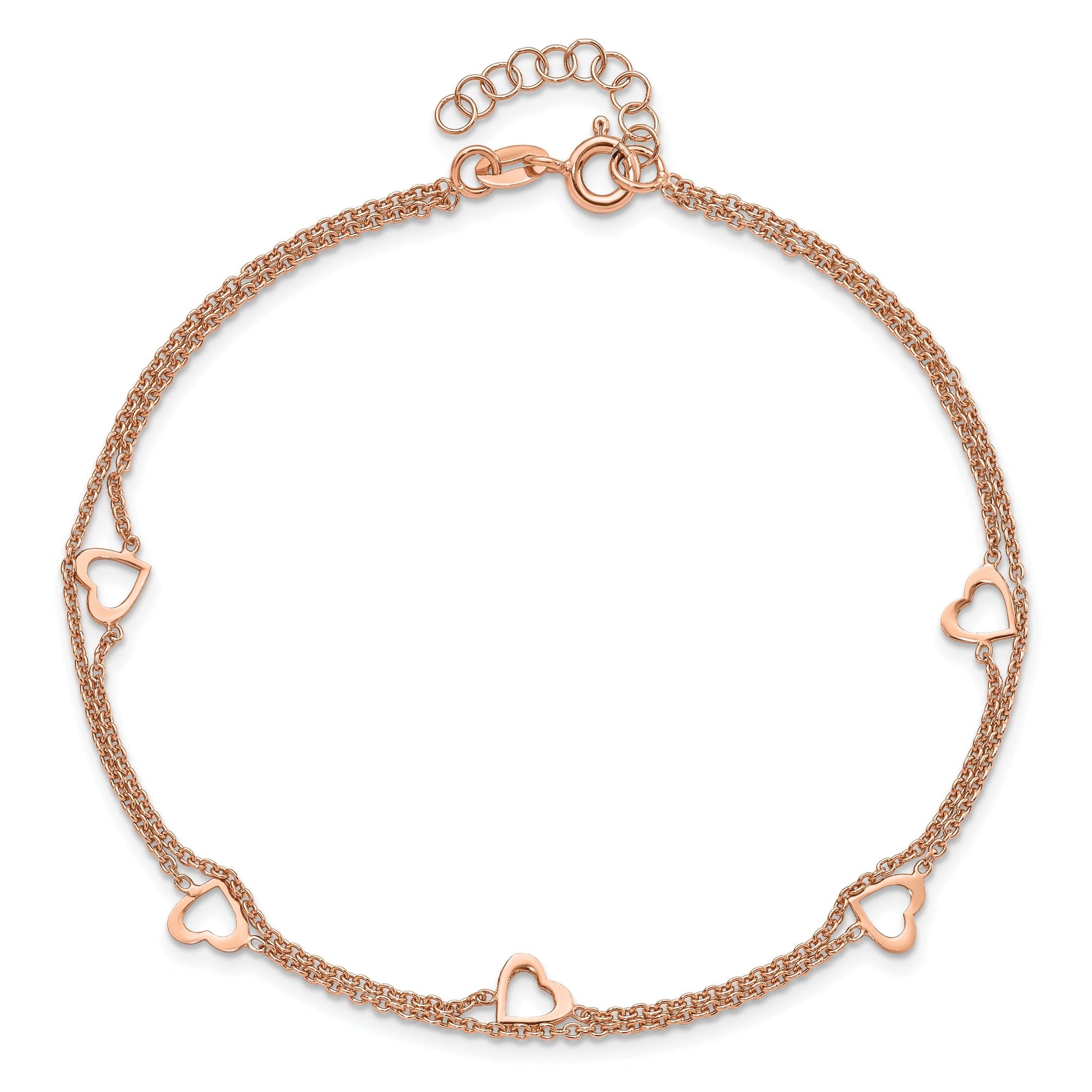 Sterling Silver Rose-tone Heart 2-Strand 9 inch Plus 1 inch Extender - Total 10 inch Anklet