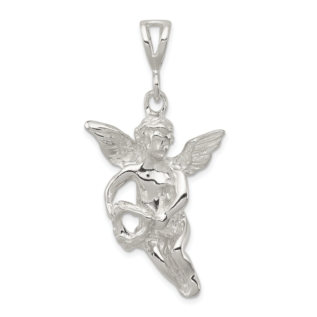 Sterling Silver 925 Flying Angel Pendant with Heart, Polished & Textured