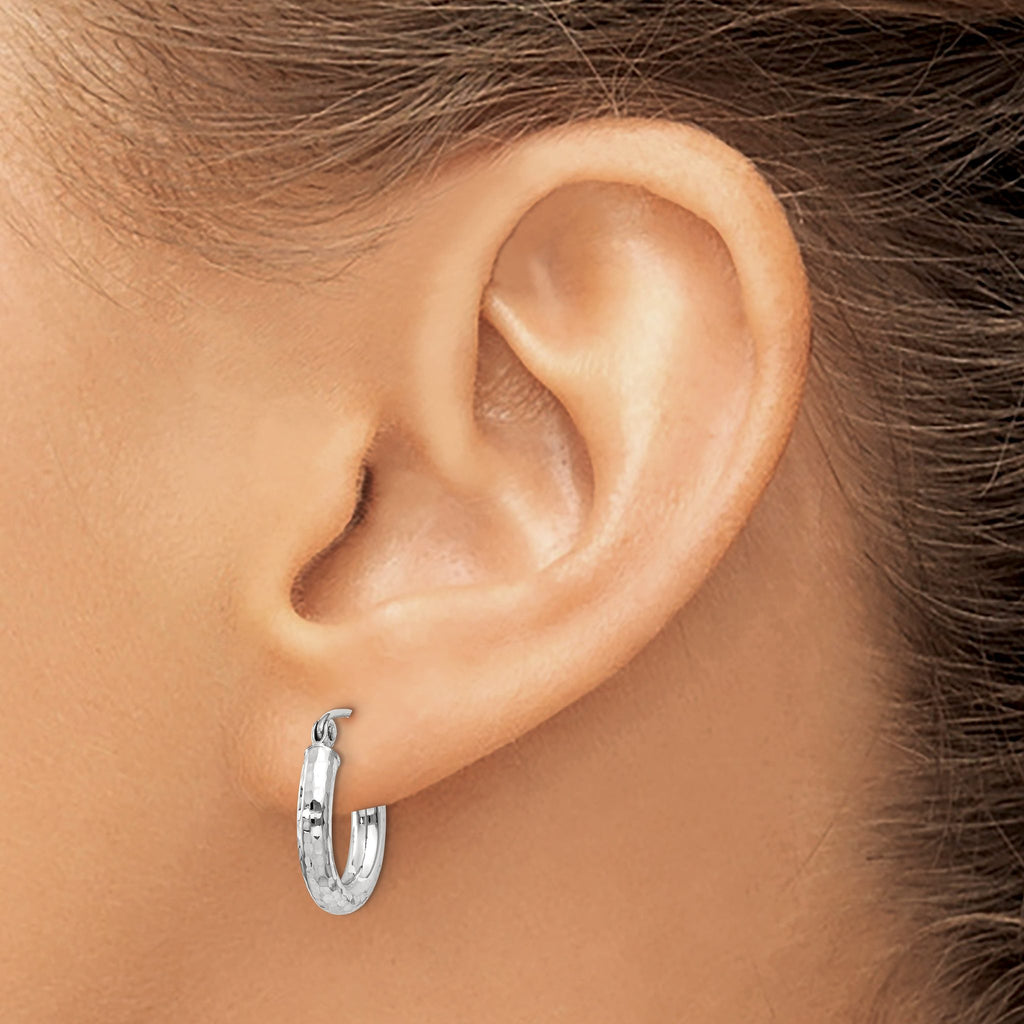 14k White Gold Diamond-cut 3mm Round Hoop Earrings