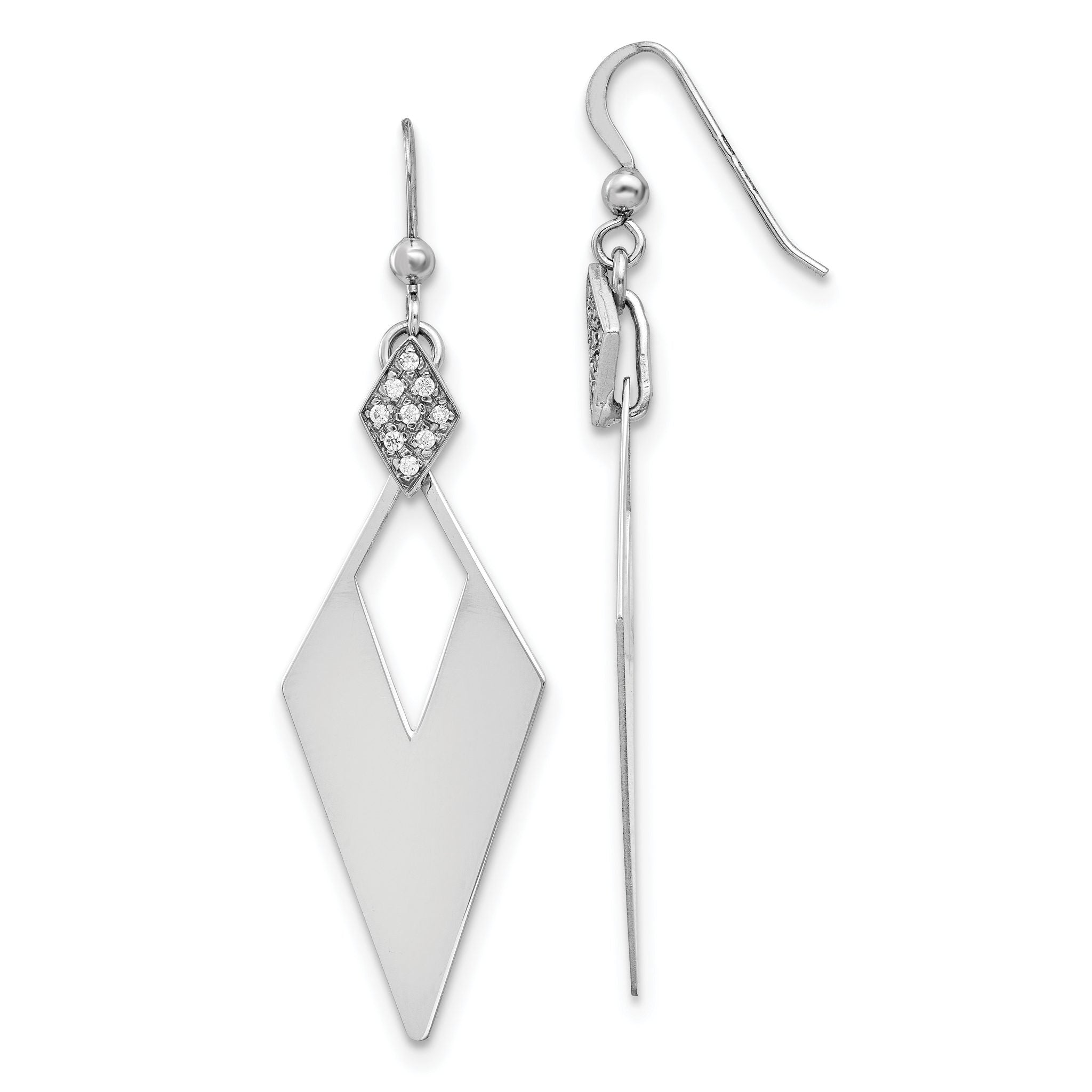 Sterling Silver RH-plated Polished Crystal Diamond Shape Dangle Ea Main image