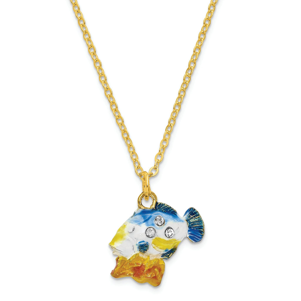 Luxury Giftware by Jere Pewter Bejeweled Crystals Gold-tone Enameled TRIGGER Humu Humu Fish Trinket Box with Matching 18 Inch Necklace