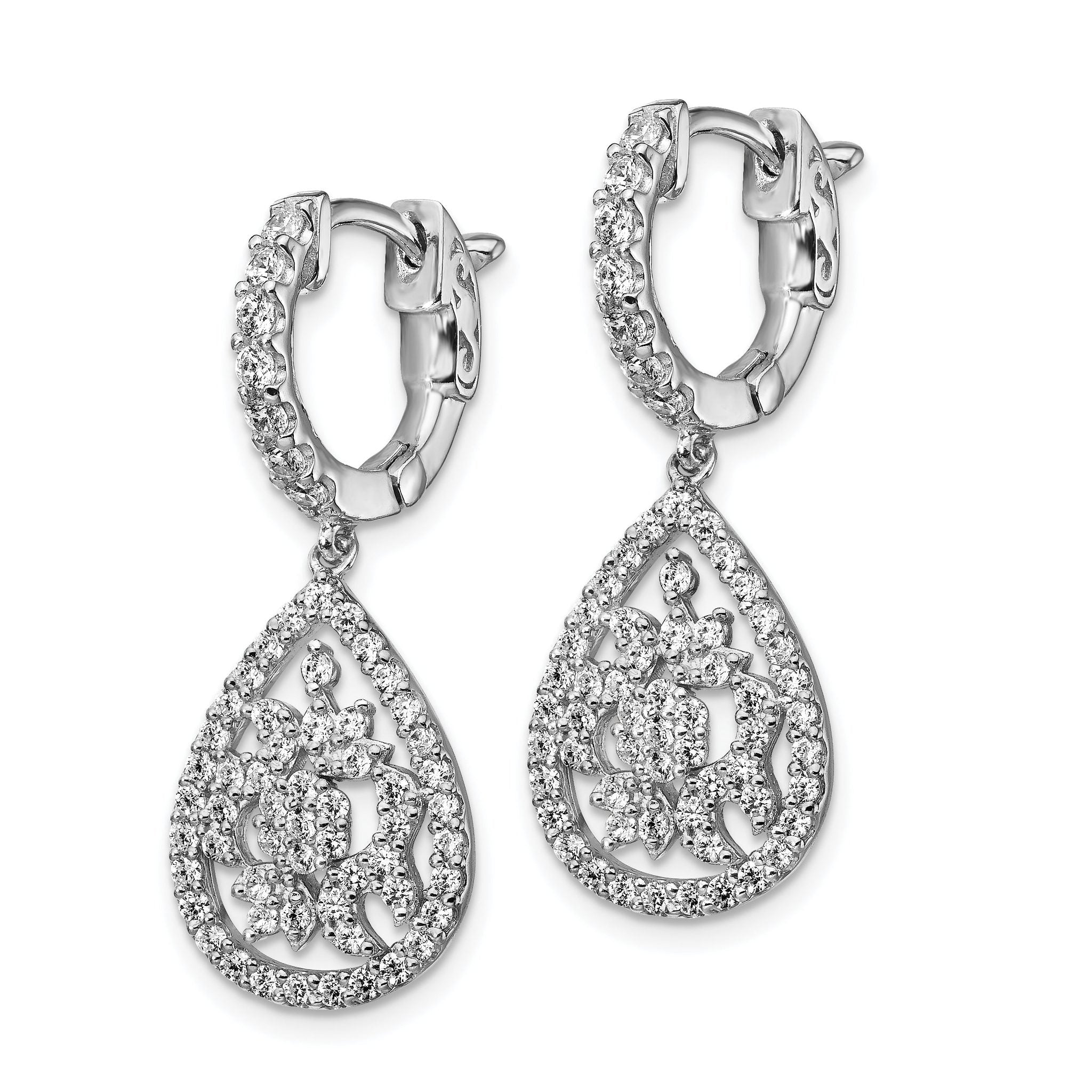 Sterling Shimmer Sterling Silver Rhodium-plated 126 Stone CZ Teardrop Dangle Hinged Hoop Earrings Secondary image