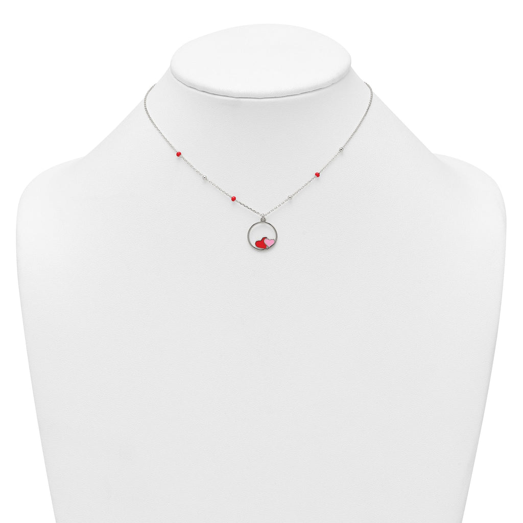 Sterling Silver Polished Beaded Red and Pink Enameled Hearts in Circle Childrens 14 inch Necklace