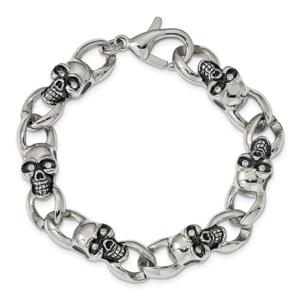Stainless Steel Antiqued and Polished with Cubic Zirconia Skull Link Bracelet for Men