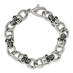 Stainless Steel Antiqued and Polished with Cubic Zirconia Skull Link Bracelet for Men