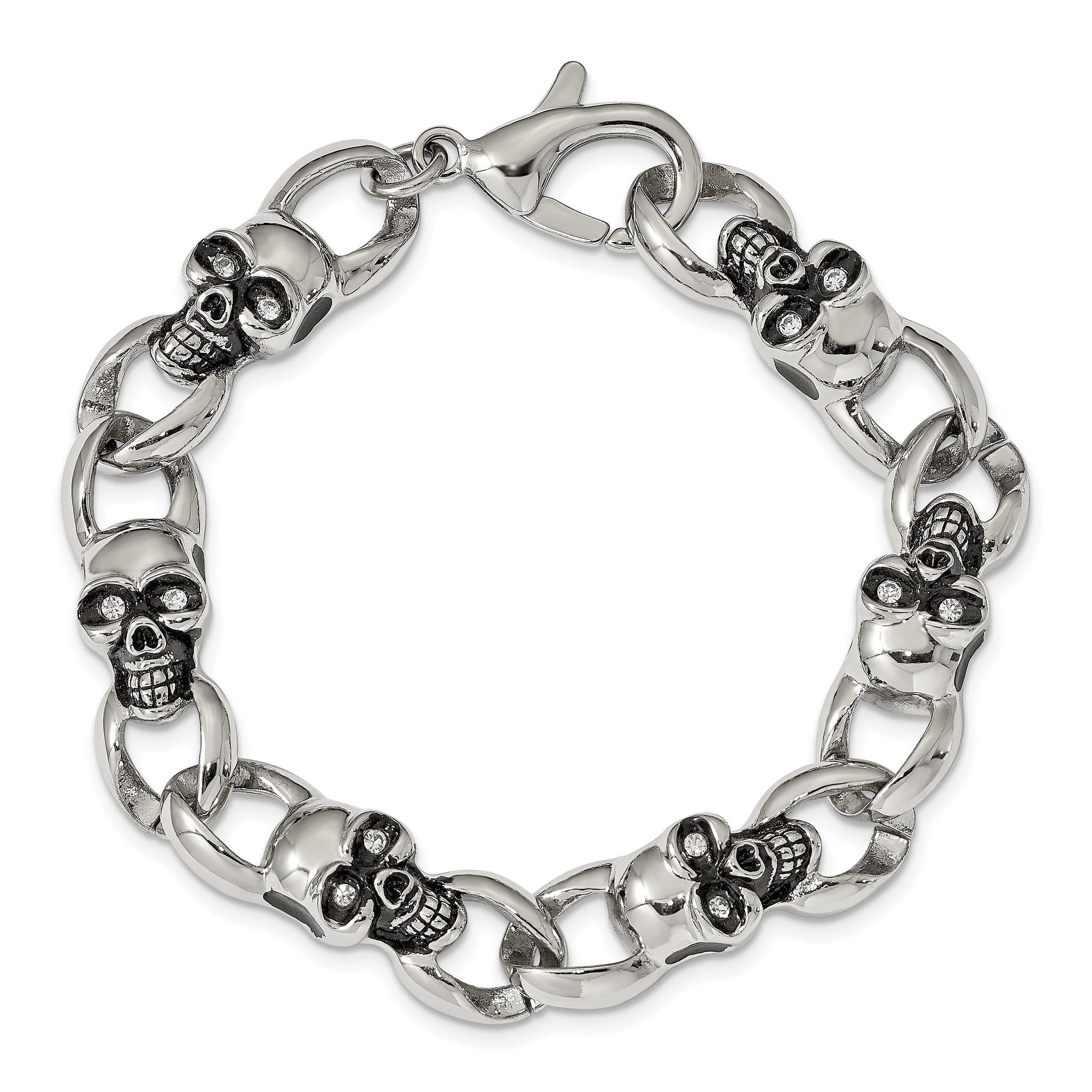 Stainless Steel Antiqued and Polished with Cubic Zirconia Skull Link Bracelet for Men