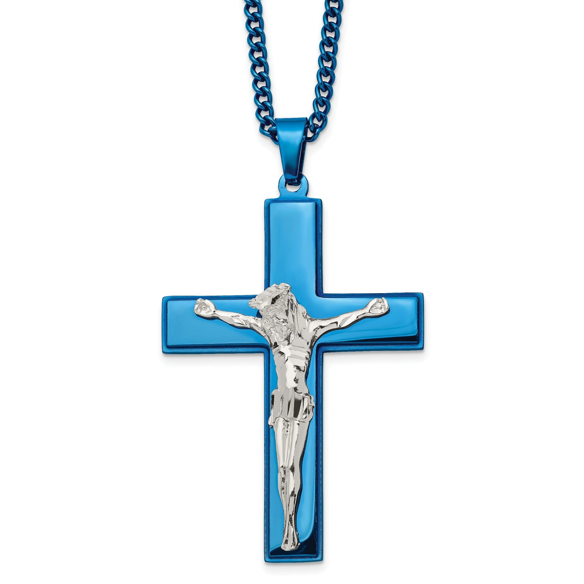 Chisel Stainless Steel Polished Blue IP-plated Crucifix Pendant on a 24 inch Curb Chain Necklace Main image